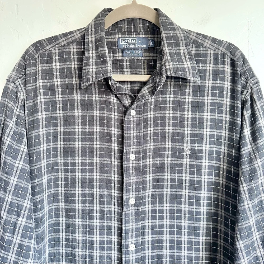 Polo‎ Ralph Lauren Men VTG Lowell Sport Cotton Gray Plaid Button Front Shirt LG